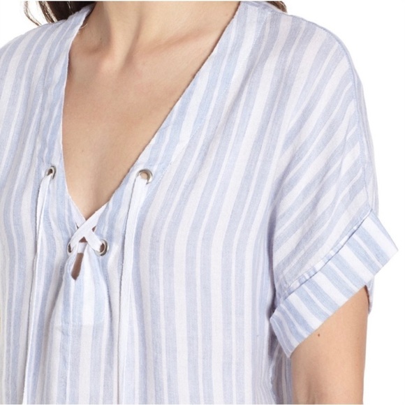 Rails Linen Blend Jeri Holland Stripe Lace Up Blouse - Picture 2 of 10